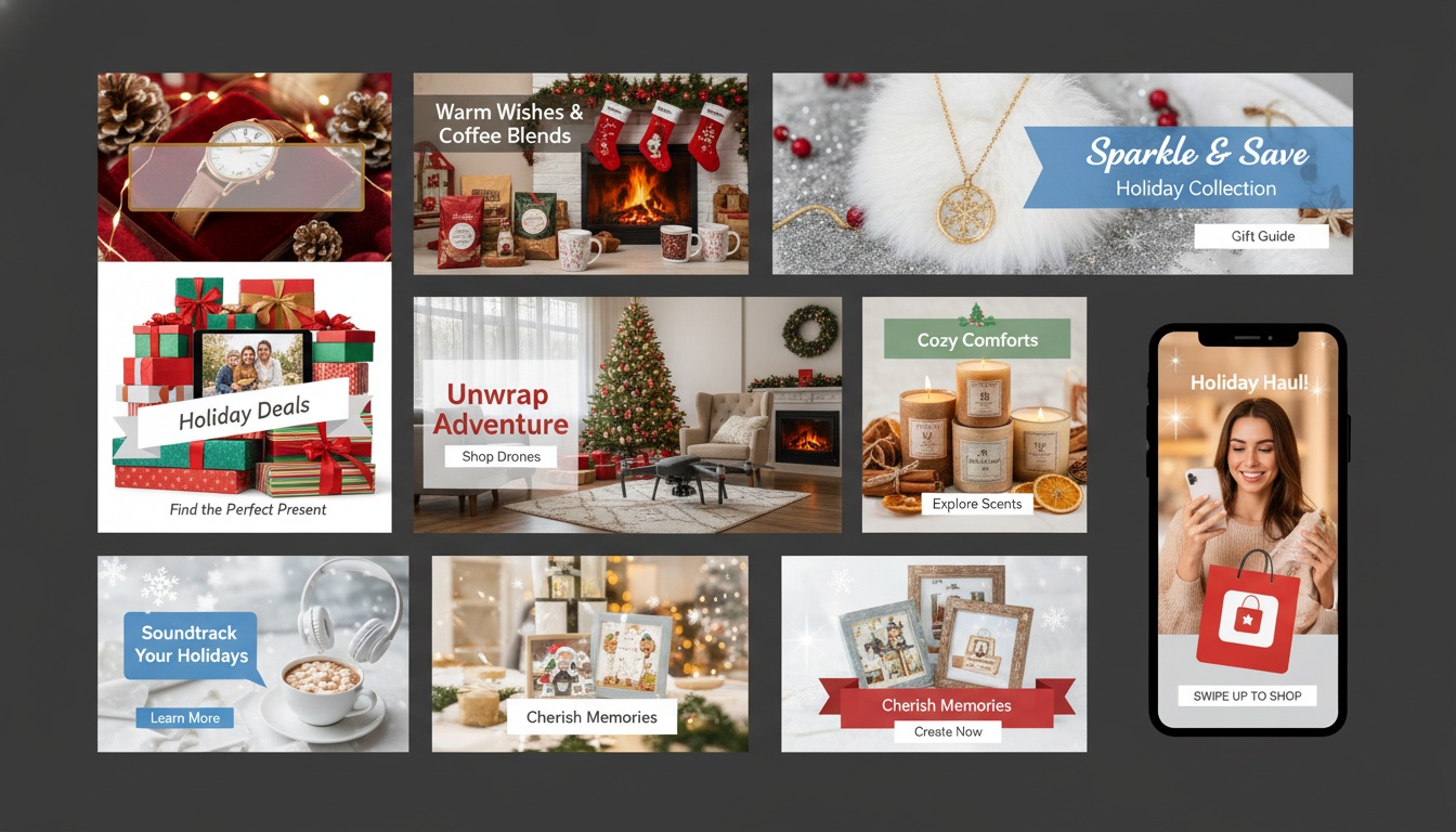 Screenshot placeholder: Multiple holiday image variations for different platforms