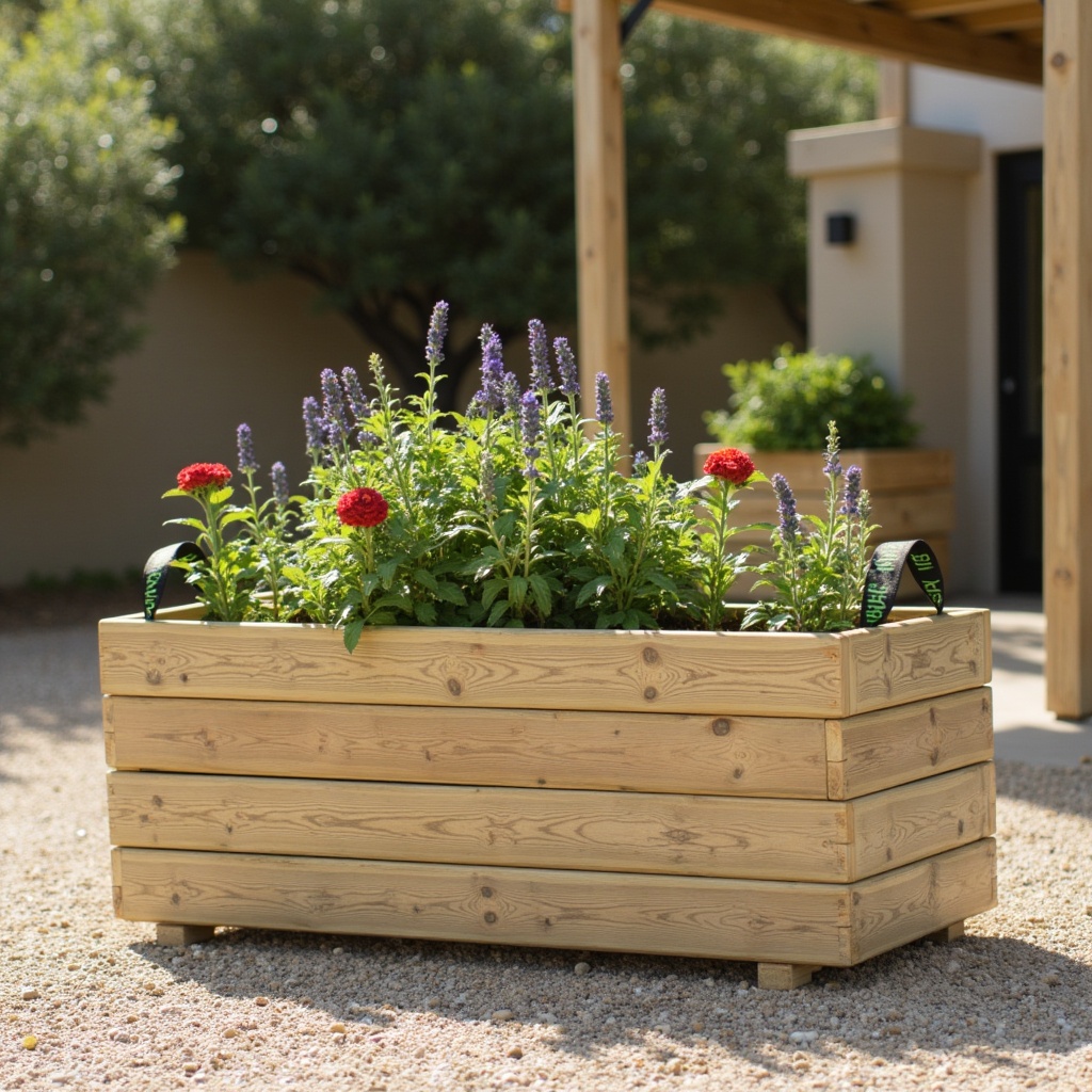 Wooden planter on a patio background
