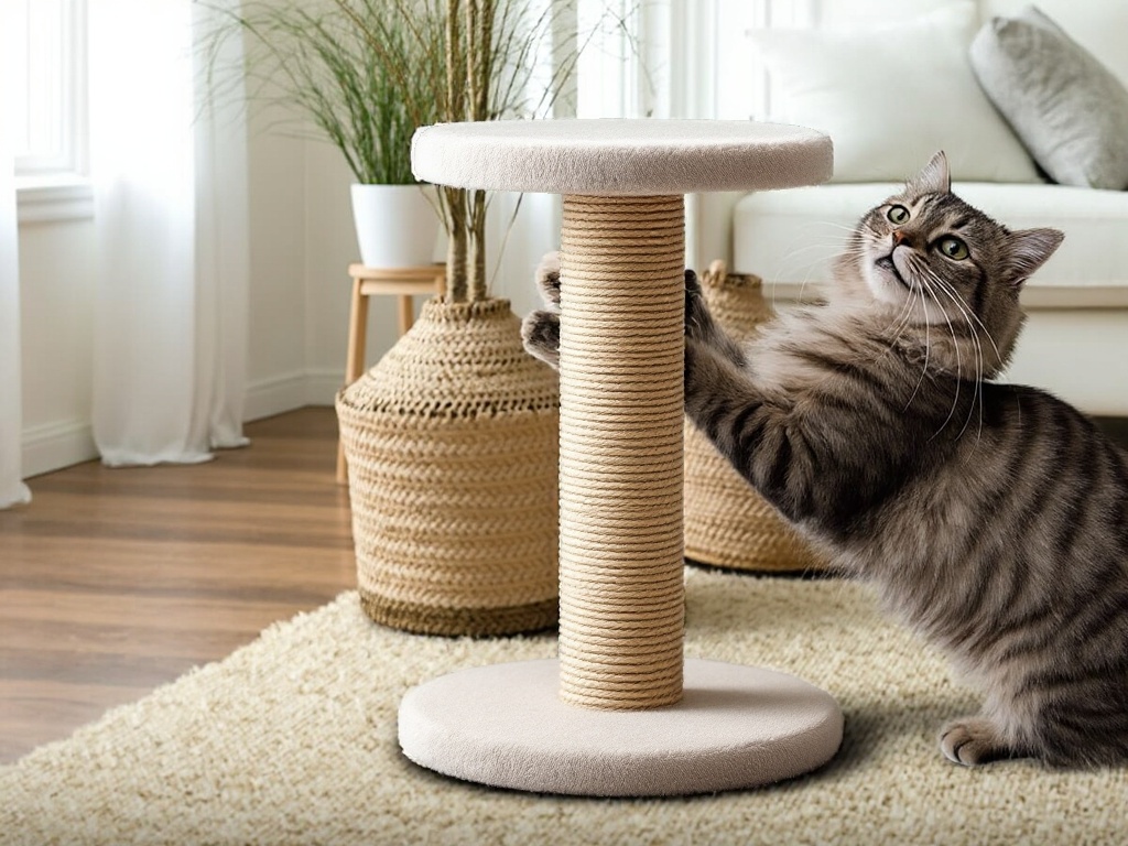 Cat scratcher with a cat scratching his paws on it